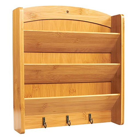 Juvale Wall Mounted Mail Organizer - Bamboo Mail Holder, Mail Wall Organizer and Key Hook Rack with 3 Hooks, Brown - 11.5 x 12.7 x 2.5 Inches