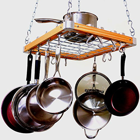Hanging Pan Rack for Kitchen Utensils Organizer Pans Kitchenware Natural Wood & Aluminium Hardware Storage Decorative Square Shaped Practical with Hanging Hooks & eBook by Easy&FunDeals