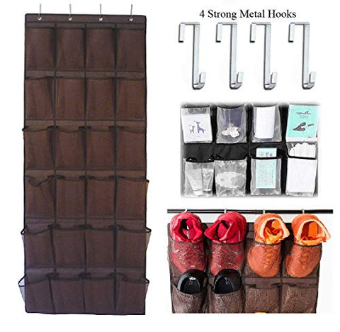 Newraturner Over The Door Hanging Shoe Organizer, 24 Large Mesh Pockets Shoes Storage and Closet Organizer (Brown)
