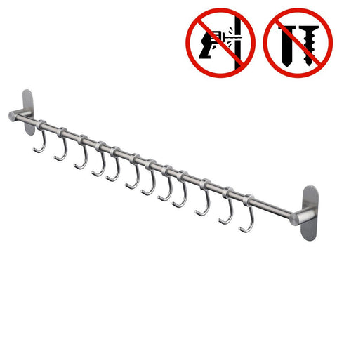 Pan Pot Rack with Hooks Self Adhesive, No Drilling Kitchen Utensil Hanger Holder, Brushed Nickel