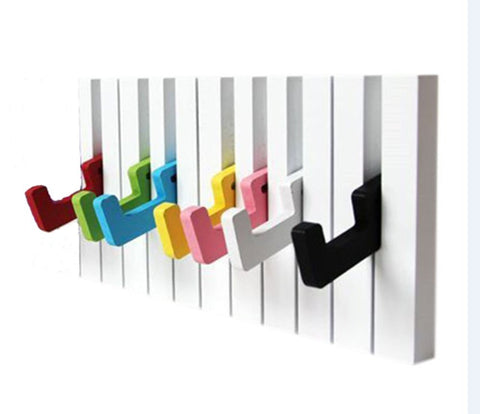 7 Hook Piano keys wall mounted Coat hook hanger wall decoration Hat Storage Rack Wood Shelf Hanger (Colorful)