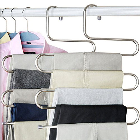 Peiosendor S-type Pants Hangers Multi-Purpose Stainless Steel Magic Closet Hangers Space Saver Storage Rack for Hanging Jeans Scarf Tie Family Economical Storage (2)