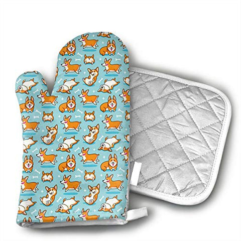 Cute Corgi Oven Mitts and Pot Holders Set with Polyester Cotton Non-Slip Grip, Heat Resistant, Oven Gloves for BBQ Cooking Baking, Grilling