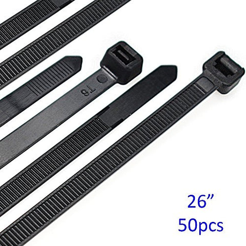 Cable Zip Ties Heavy Duty 26 Inch, Strong Large Black Zip Ties with 200 Pounds Tensile Strength, 50 Pieces, Long Durable Nylon Black tie wraps, Indoor and Outdoor UV Resistant, Quality Cable Ties