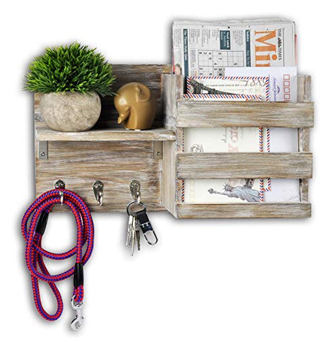 Spiretro Wall Mount Entryway Mail Envelope Organizer, Key Holder Hooks, Leash Hanging, Coat Rack, Letter & Newspaper Storage, Ornament Home Decorative Floating Shelf, Country Rustic Torched Wood-Grey