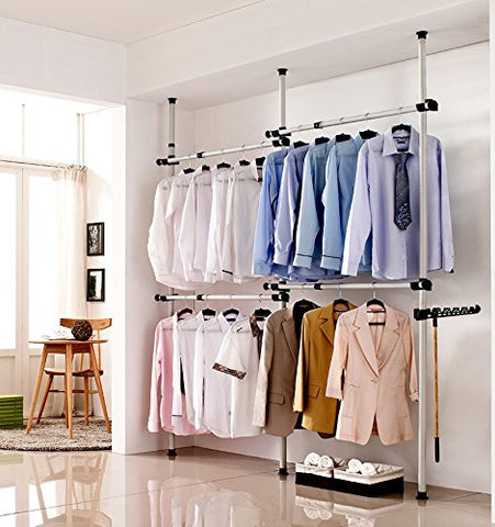 Estink Garment Rack, Portable Indoor Garment Hanger Tools Heavy-Duty Adjustable DIY Coat Hanger Clothes Wardrobe 3 Poles 4 Bars Home Hanging Rack