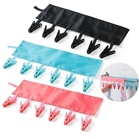 T&B Bathroom Racks Cloth Hanger Clothespin Travel Portable Folding Cloth Socks Drying Hanger with 6 Clips Pack of 3