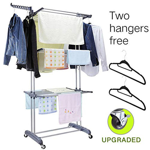 MIZGI 3 Tier Rolling Clothes Drying Rack Clothes Garment Rack Laundry Rack with Foldable Wings Shape Indoor/Outdoor Standing rack Stainless Steel Hanging Rods - Gray & Electroplate (Gray)