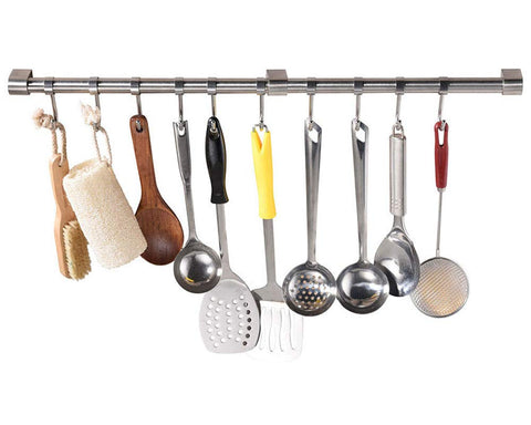 eForwish Stainless Steel Kitchen Rail Utensil Rack with 8 Hooks Hangers Wall Mounted(16" S Hook)