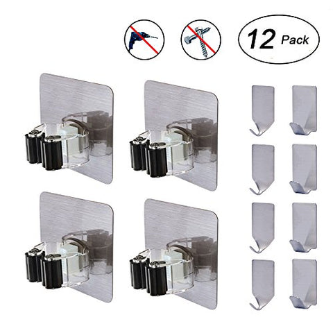 Broom and Mop Hangers, Flecom Mop Holder with Adhesive Hooks Heavy Duty Hangers for brooms Wall Hooks Waterproof Wall Hangers for Kitchen Bathroom Wardrobe and Home (12 Pack)