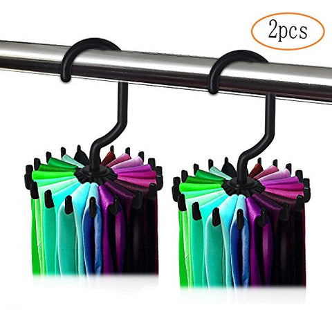 TAIKA 2pcs Twirl Tie Rack Belt Hanger Holder, Adjustable Rotating 20 Hook for Closet Organizer Storage (Black)