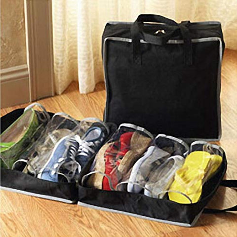 Quaanti 6 Slots Portable Shoes Travel Storage Bag Zipper Dustproof Shoes Organizer Tote Pouch Outdoor Slippers Carrier Holder (Black)