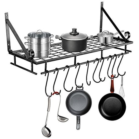 Pots and Pan Rack,Wall-Mounted Hanging Pans Storage Rack with 10 Hook Holder, Multi-Purpose Shelf Organizer Great for Kitchen Cookware, Utensils, Pans, Books, Household Items, Bathroom