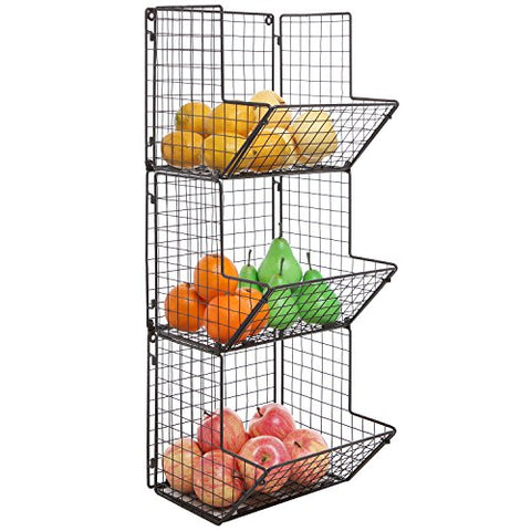 MyGift Rustic Brown Metal Wire 3 Tier Wall Mounted Kitchen Fruit Produce Bin Rack/Bathroom Towel Baskets