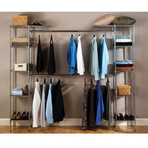 Seville Classics Double-Rod Expandable Clothes Rack Closet Organizer System, 58" to 83" W x 14" D x 72", Chrome