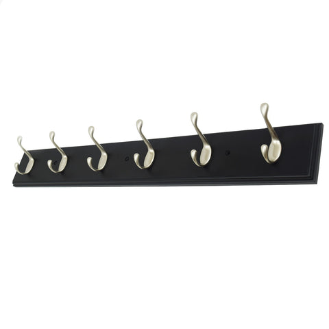 4 Inch Wide Black Rail/Rack with 1 Heavy Duty Satin Nickel Coat and Hat Hook, Entryway Rack/ Bathroom Towel Hanger, Made in USA