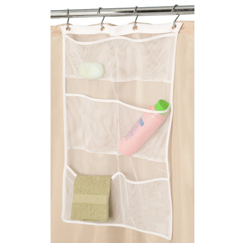 NANAN Mesh Shower Caddy,Quick Dry Hanging Bath Organizer with 6 Pockets, Hang on Shower Curtain Rod/Liner Hooks, Shower Organizer,Mesh Shower Organizer,White, 23.5inch x14inch(60cm x35cm)