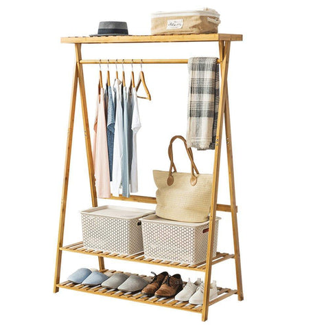 COPREE Bamboo Garment Coat Clothes Hanging Heavy Duty Rack with top Shelf and 2-Tier Shoe Clothing Storage Organizer Shelves