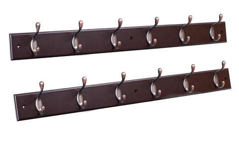 BirdRock Home Hook Coat and Hat Rack | 2 Pack | 6 Hooks | 27 Inches | Wall Mount | Decorative Home Storage | Entryway Foyer Hallway Bathroom Bedroom Rail | Oil Rubbed Bronze Hooks | Dark Brown Pine