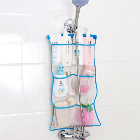 NANAN Quick Dry Hanging Bath Organizer with 6 Pockets, Hang on Shower Curtain Rod/Liner Hooks, Shower Organizer, Mesh Shower Organizer, Mesh Shower Caddy,Bathroom Accessories (Blue)