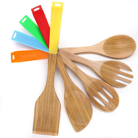 COOKSMARK 5 Piece Bamboo Wood Nonstick Cooking Utensils - Wooden Spoons and Spatula Utensil Set with Multicolored Silicone Handles in Red Yellow Green Orange Blue