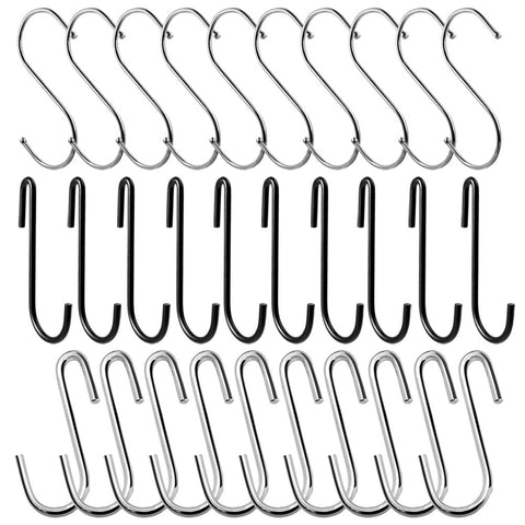 SENHAI 30 Pack Premium S Hooks, Heavy Duty S Shaped Hook Hanging Hooks Hangers for Bathroom, Bedroom, Office and Kitchen, Metal Kitchen Pot Pan Hangers Rack Hooks - Black, Silver