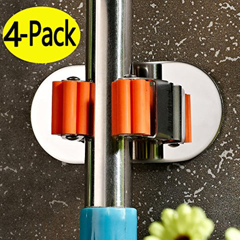 Mop Holder -4PCS-Each Holds up to 33 LBS Superior Quality Suction Hooks and Broom Holder Hanger Command Wall Mount Garage Storage Kitchen Organizer Rack with Spring Clip Bath Mounted Home Tools