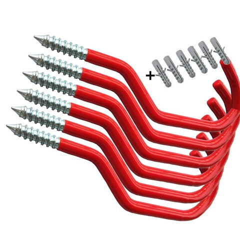 AIYoo Bike Hooks Heavy Duty Bicycle Storage Hooks Set of 6,Screw-in Utility Storage Hangers Shed Garage Garden Hook Plastic Coated for Wall Mount/Ceiling Red