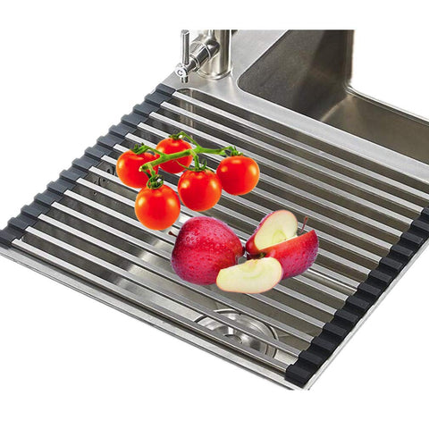 Oropy Roll up Dish Drying Rack Over Sink 304 Stainless Steel Multi-function Drainer for Veggies Fruits 16''/LX13''/W Square Bar with A Free Hook