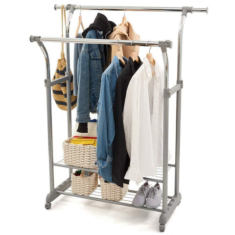 EZOWare Heavy Duty Clothes Rack, Dual Bar Commercial Grade Garment Coat Clothes Closet Organizer Hanging Rack with 2-Tier Bottom Shelves for Balcony, Boutiques Bedroom - Chrome Finish