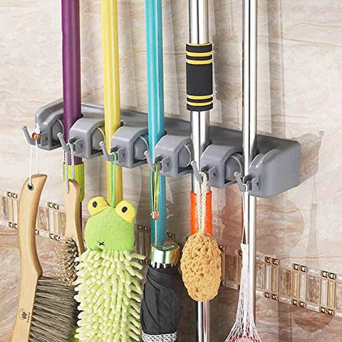 ULIFESTAR Mop Broom Holder Organizer w/Storage Hooks Hanger for Hanging, Wall Mounted Garden Garage Tool Rack for Kitchen,Basement or Laundry Room Organization (5 Position 6 Hooks)