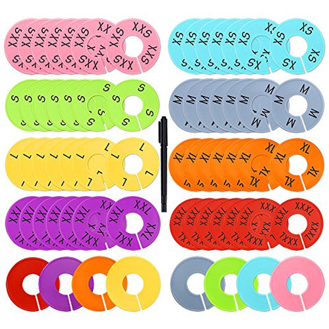 Caydo 64 Pieces 8 Colors Clothing Size Dividers Round Hangers Closet Dividers, Size Series XXS to XXXL and Blank with Marker Pen