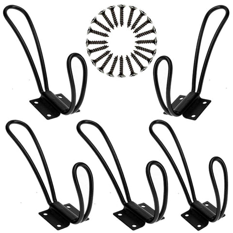 LGDehome Vintage Coat Rack Hanger Rustic Big Double Hook Sturdy Bracket Rustproof Coating Wall Door Mounted Coat Hanging Bag Rack Black (5 Pack)