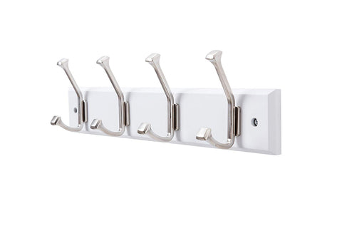 Finnhomy Wooden Coat Hooks Wall Hooks 4 Dual Hooks 16-Inch Rail/Pilltop Rack Long Coat Rack for Clothes Entryway Foyer Storage Organization Bathroom Towel Key Accessory Nickel/White Hook