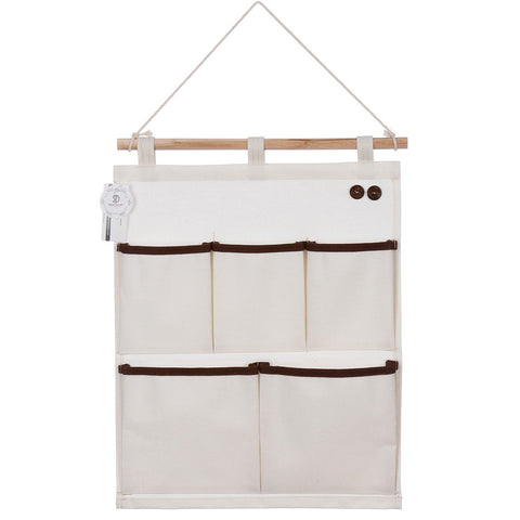 Sea Team New 100% Natural Linen & Cotton Fabric Wall Door Closet Hanging Storage Bag, 5-Pocket Hanging Storage Organizer