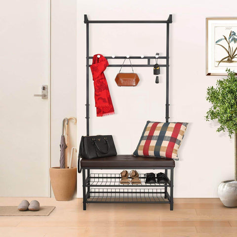Hromee Vintage 4 in 1 Hall Tree with Leather Bench 5 Coat Rack Hooks Metal and Wood Shoe Shelf Organizer for Entryway Foyer