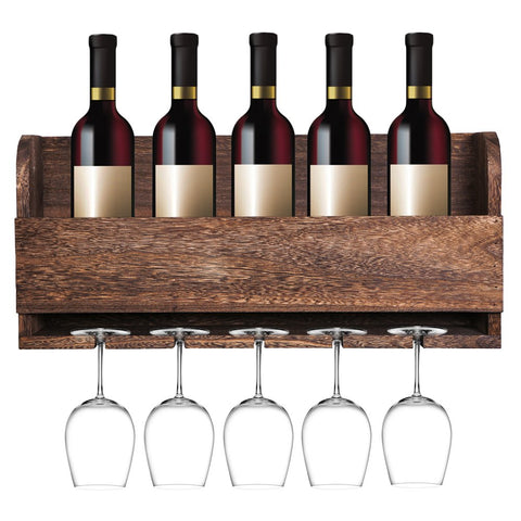 MITIME Floating Wine Shelf and Glass Rack Set Wall Mounted Paulownia Wood Wine Rack 5 Bottle 5 Long Stem Glass Holder