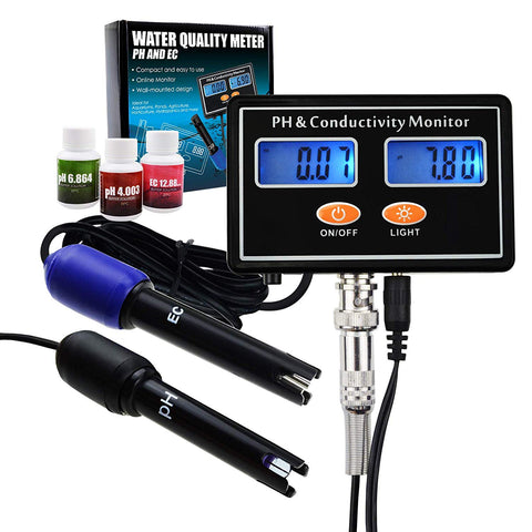 Gain Express PH & EC Conductivity Monitor Meter Tester Plug-in ATC, Water Quality Real-time Continuous Monitoring, Wall Mountable & Rechargeable, for Aquaculture, Aquarium, Pond, Hydroponics