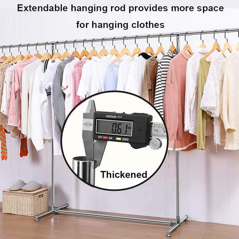 Reliancer Heavy Duty Large Garment Rack Stainless Steel Clothes Drying Rack Commercial Grade Extendable 47-77inch Clothes Rack Adjustable Clothes Hanger Rolling Rack with 4 Casters Tool Golves 10 Hook