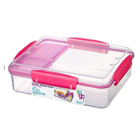 Sistema To Go Collection Snack Attack Duo Food Storage Container, 32.9 oz./1.0 L, Clear/Pink