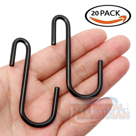 20 Pack Heavy Duty S Hooks Black S Shaped Hooks Hanging Hangers Pan Pot Holder Rack Hooks for Kitchenware Spoons Pans Pots Utensils Clothes Bags Towels Plants By The Metal Magician