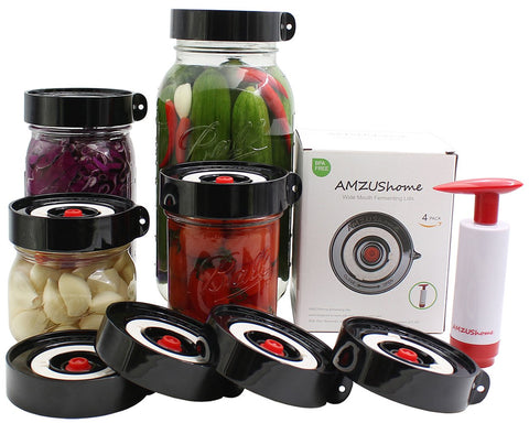 AMZUShome Fermenting Lids Kit Waterless Airlock For Wide Mouth Mason Jar Fermentation Not Crock Pots,Make Sauerkraut, Kimchi, Pickles Or Fermented Probiotic Foods. 4 Pack+1 Pump+1 Sponge Brush (Black)