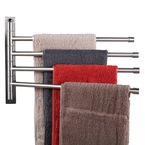Swivel Towel Bar for Bathroom, 14-Inch Swing out Towel Rack Stainless Steel Quadruple Towel Holder Organizer with 4-Arm, Wall Mounted Swing Arm Towel Shelf for Shower Kitchen Storage, Brushed Finish