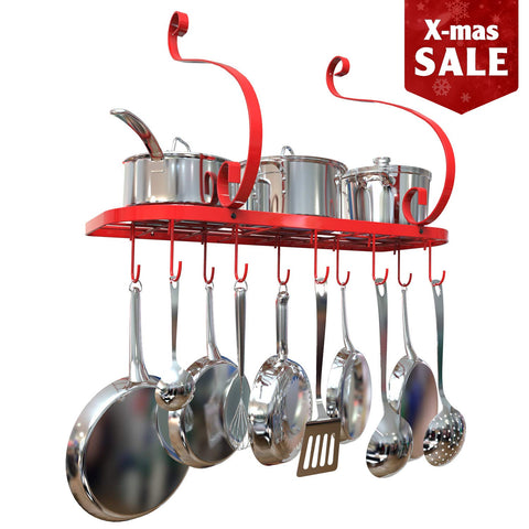 Pot Rack Wall Mounted, Pot Pan Hanging Rack Made by Iron Material And With Spray Painting Process Finished, Including 10 moveable hanging hooks. (Red)
