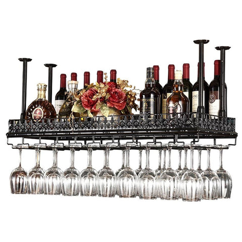 Warm Van Industrial Metal Vintage Bar Wall-Mounted Wine Racks,Wine Glass Hanging Rack,Under Cabinet Cup Shelf,Restaurant Cafe Kitchen Organization and Storage Shelve(Black, 47.2''L)