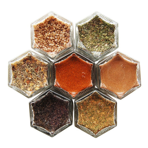 Carnivore Kit: 7 Magnetic Jars Filled with Organic Herbs & Spices for Meat Lovers. Magnetic Spice Rack by Gneiss Spice. (Silver Lids)