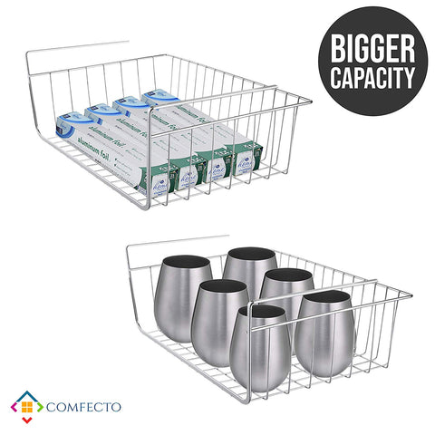 2pcs 15.8" Under Cabinet Storage Shelf Wire Basket Organizer for Cabinet Thickness Max 1.2 inch, Extra Storage Space on Kitchen Counter Pantry Desk Bookshelf Cupboard, Anti Rust Stainless Steel Rack
