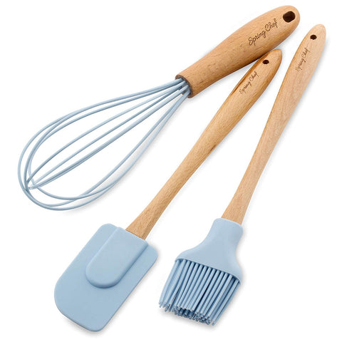 Spring Chef Spatula, Pastry Brush & Whisk, Silicone Set with Beechwood Handle, Blue