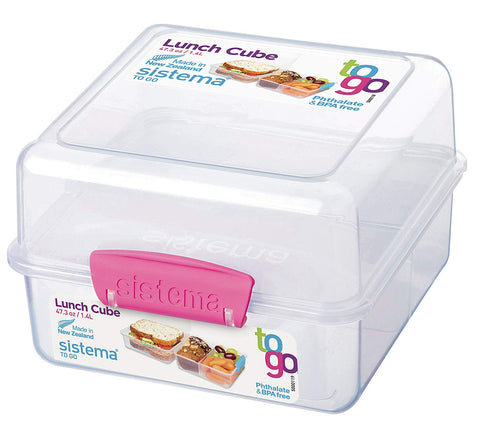 Sistema To Go Collection Lunch Cube Food Storage Container, 47.3 oz, Clear with Pink