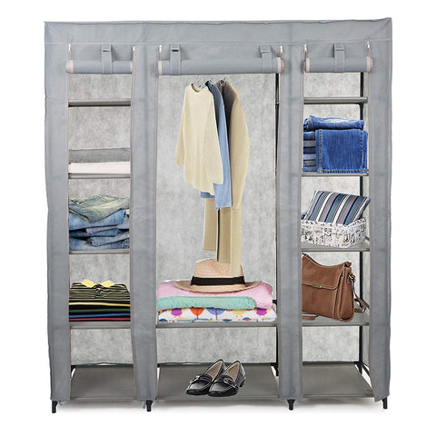 Dporticus 59" Clothes Closet Portable Storage Organizer with Hanging Rod, Nonwoven Fabric, 12 Storage Shelves-Grey